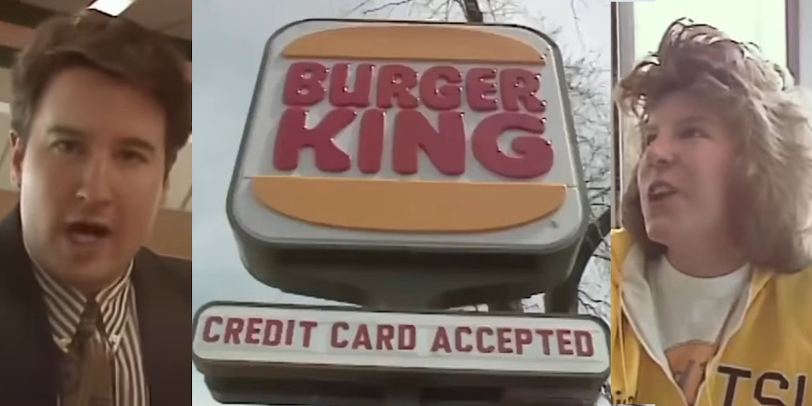 man speaking in Burger King (l) Burger King credit cards accepted sign (c) Burger King customer speaking (r)