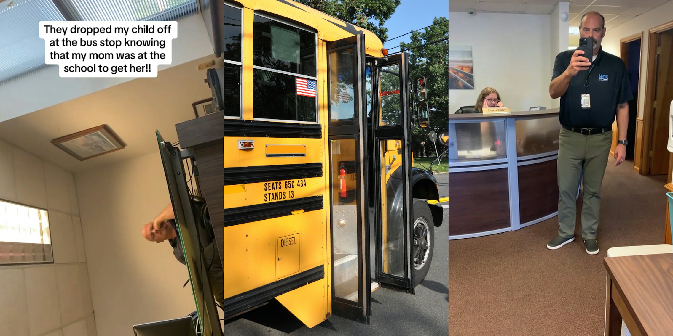 man at desk in school with caption 'They dropped my child off at the bus stop knowing that my mom was at the school to get her!!' (l) school bus opening door (c) school faculty holding phones (r)