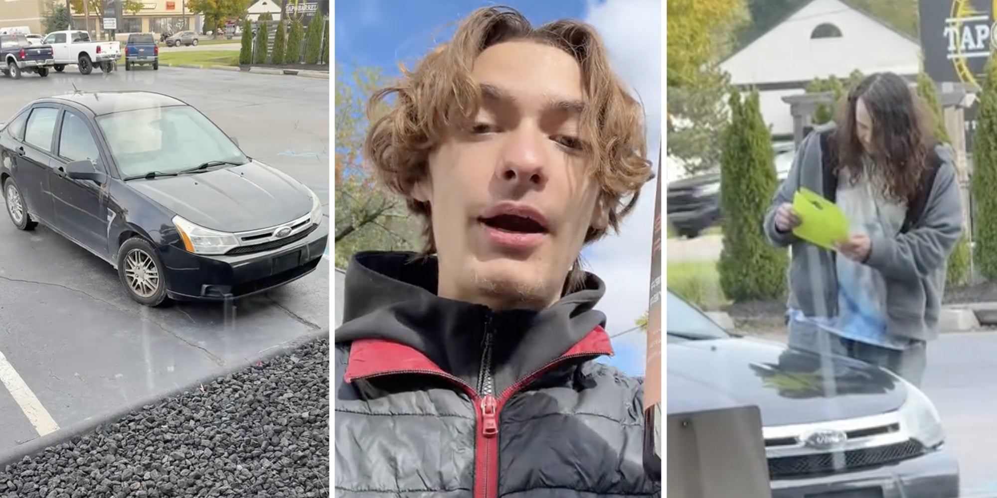 Car in parking lot(l), Man talking to camera(c), Man looking at paper(r)