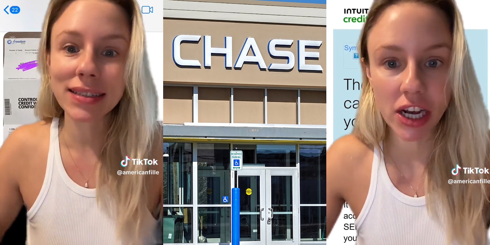 Woman talking to camera(l+r), Chase store front(c)
