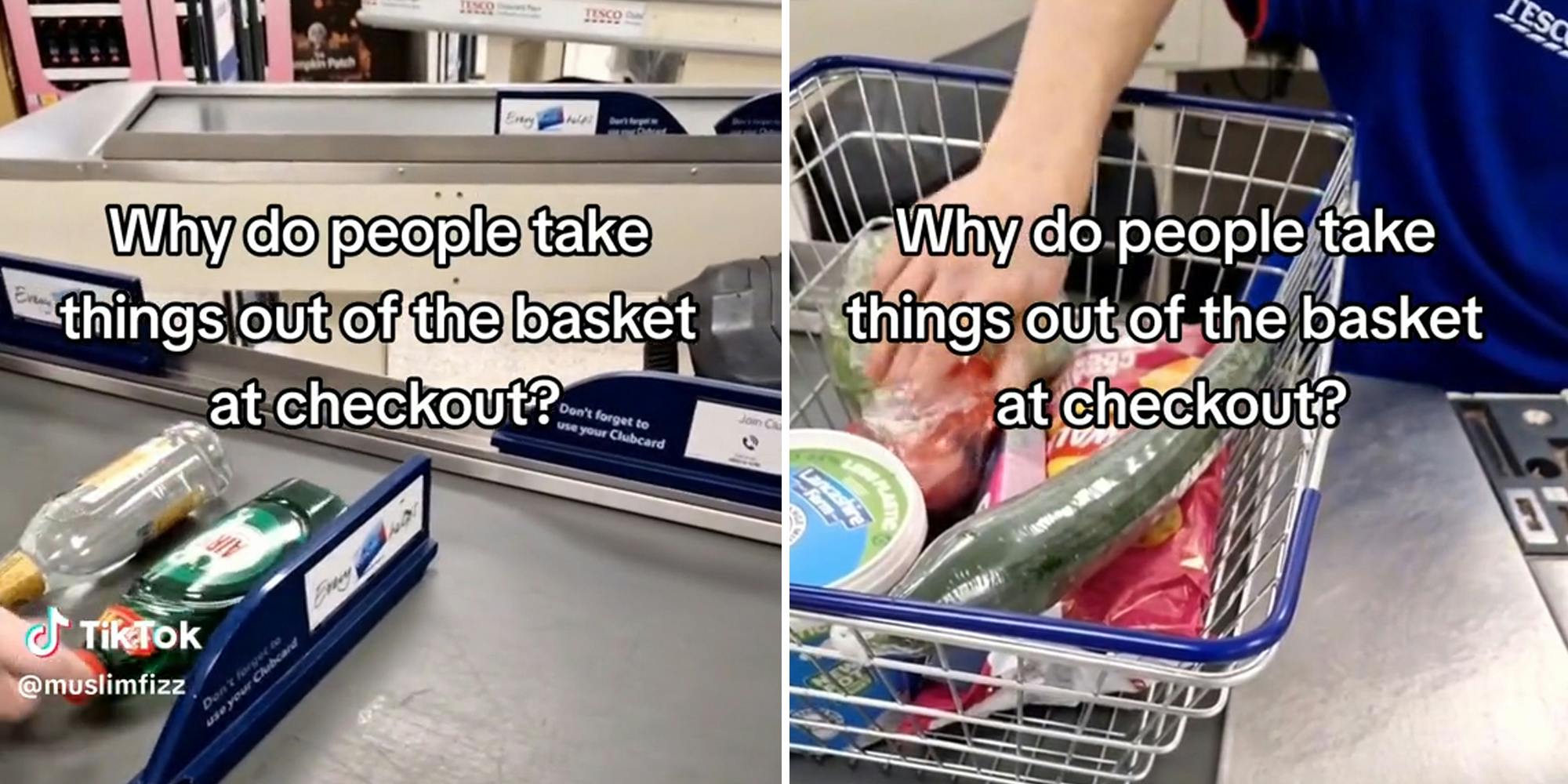 checkout lane with caption "why do people take things out of the basket at checkout?"