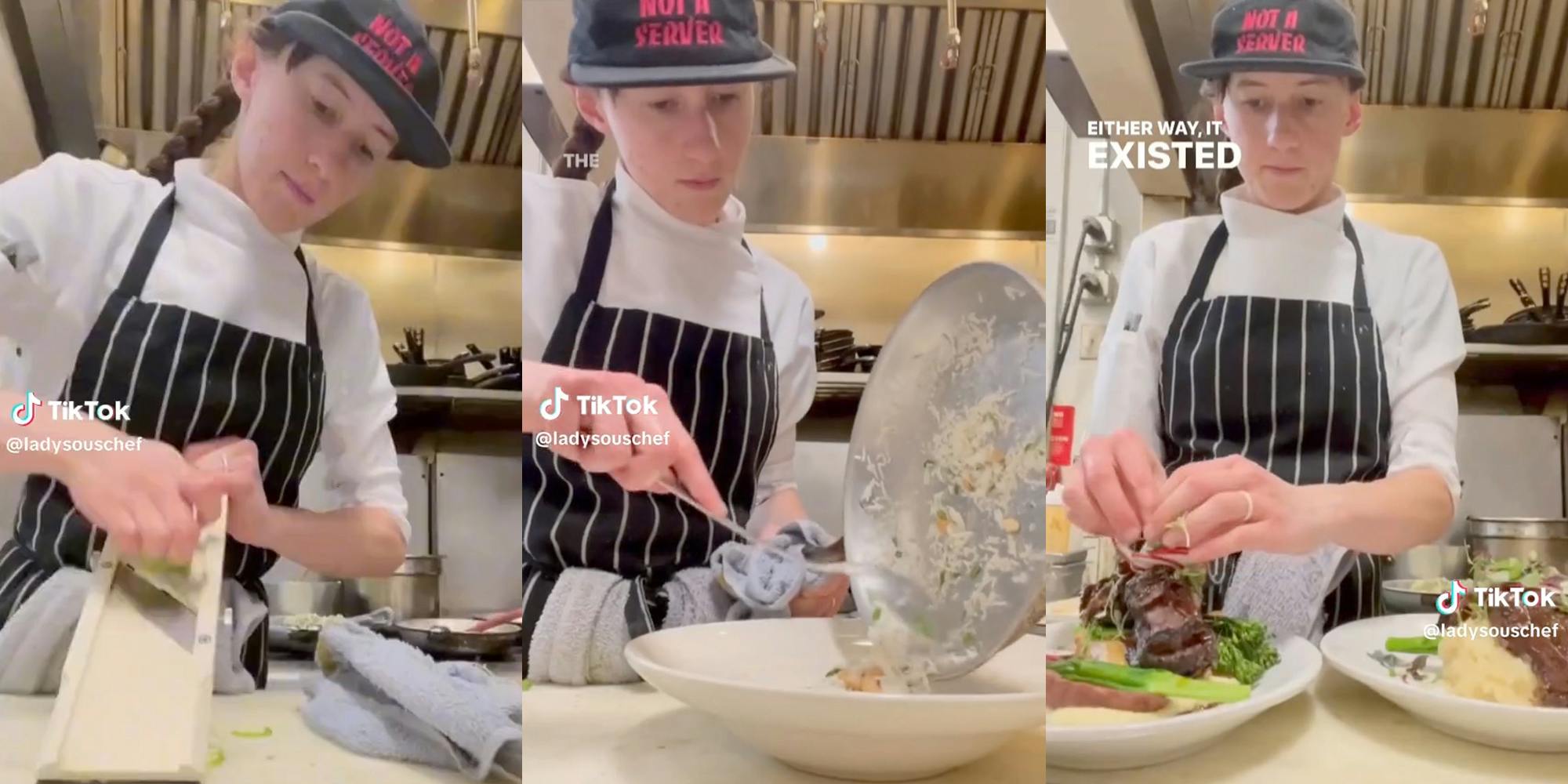 Chef slicing vegetables(l), Chef putting rice on plate(c), Chef garnishes plate(r)