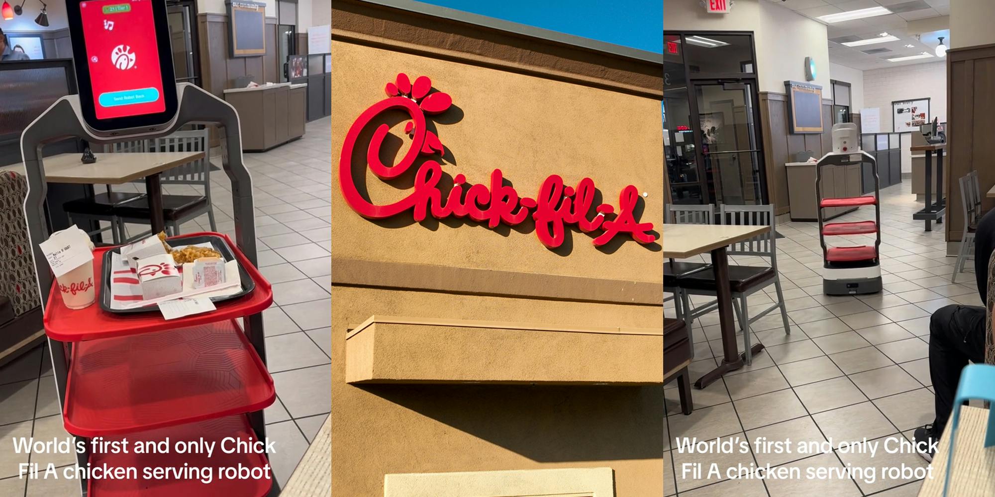 Chick-Fil-A server robot with caption "World's first and only Chick Fil A chicken serving robot" (l) Chick-Fil-A building with sign (c) Chick-Fil-A server robot with caption "World's first and only Chick Fil A chicken serving robot" (r)