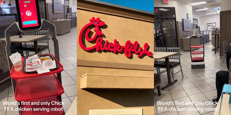 Chick-Fil-A server robot with caption 'World's first and only Chick Fil A chicken serving robot' (l) Chick-Fil-A building with sign (c) Chick-Fil-A server robot with caption 'World's first and only Chick Fil A chicken serving robot' (r)