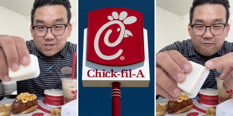Man talking to camera holding chick-fil-a sauce packet(l+r), Chick-fil-a store sign(c)