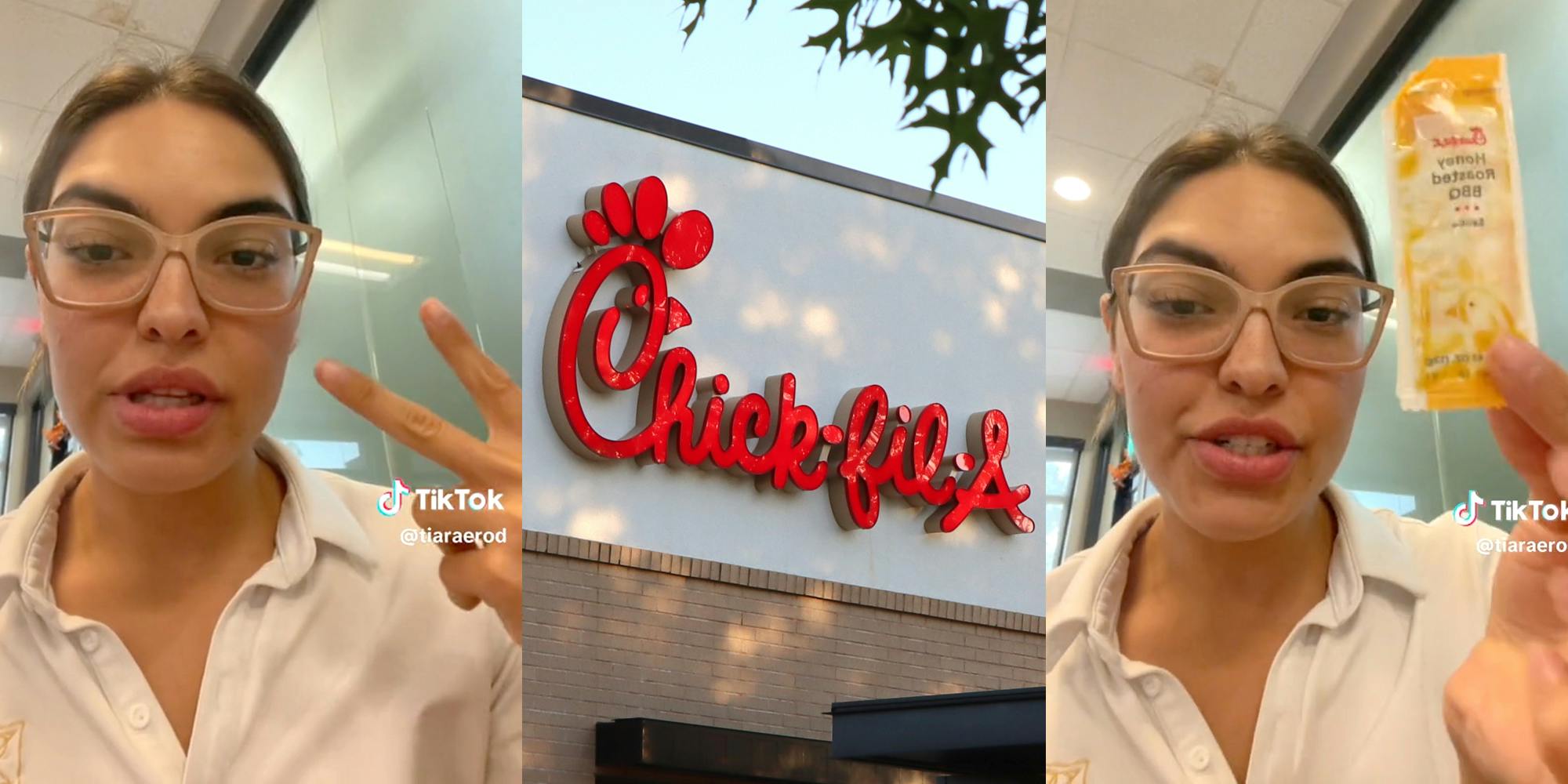 Woman holding up two fingers(l), Chickfila storefront(c), Woman holding up sauce packet(r)