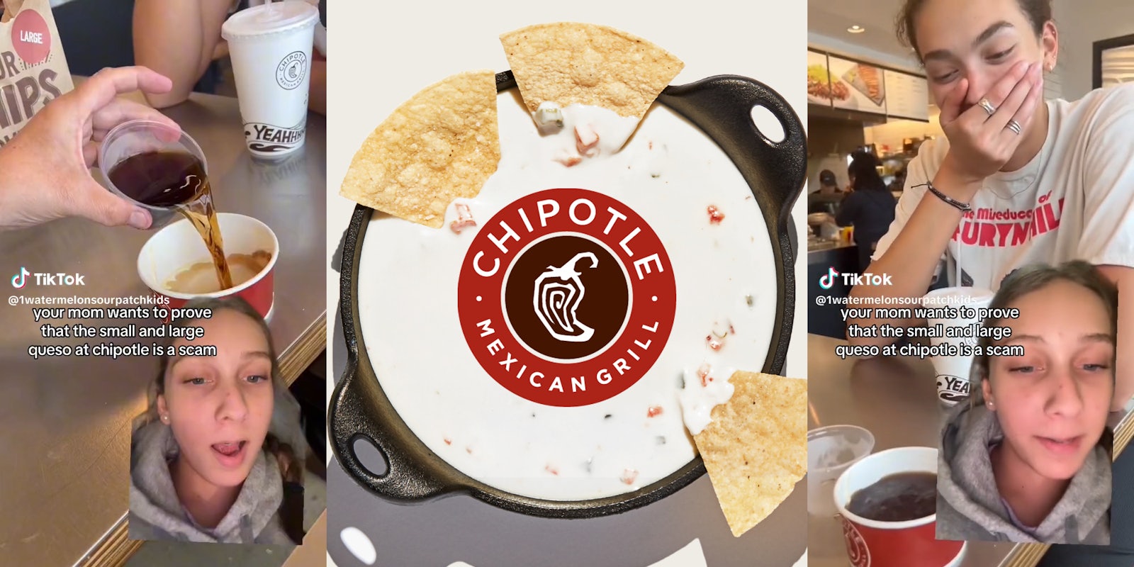hand pouring soda from one container into another with caption 'your mom wants to prove that the small and large queso at chipotle is a scam' (l&r) Chipotle logo with queso bowl (c)