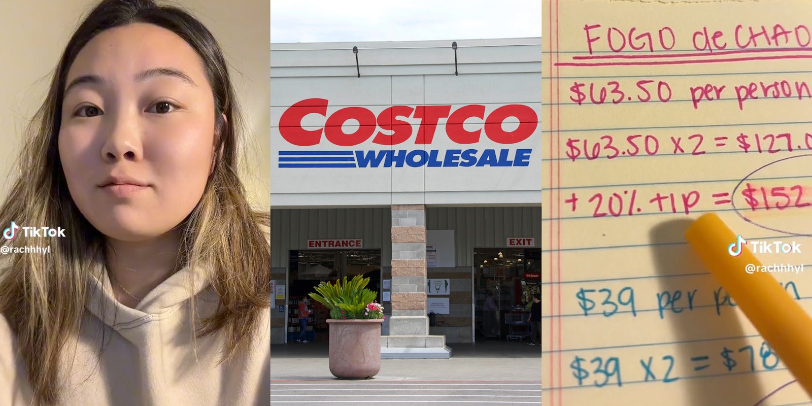 Woman looking at camera(l), Costco storefront(c), Sheet with money math problems(r)