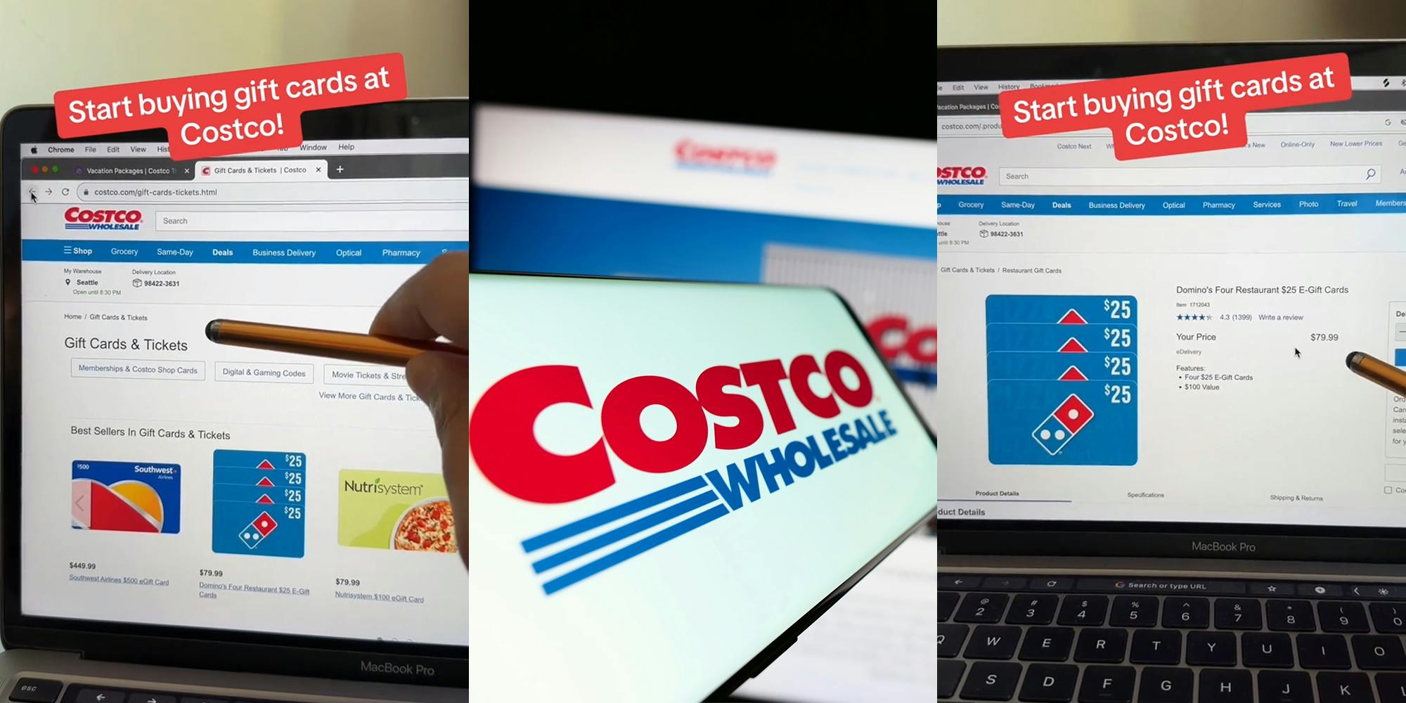 Costco website gift cards on laptop screen with caption "Start buying gift cards at Costco!" (l) Costco on phone screen in front of laptop (c) Costco website gift cards on laptop screen with caption "Start buying gift cards at Costco!" (r)