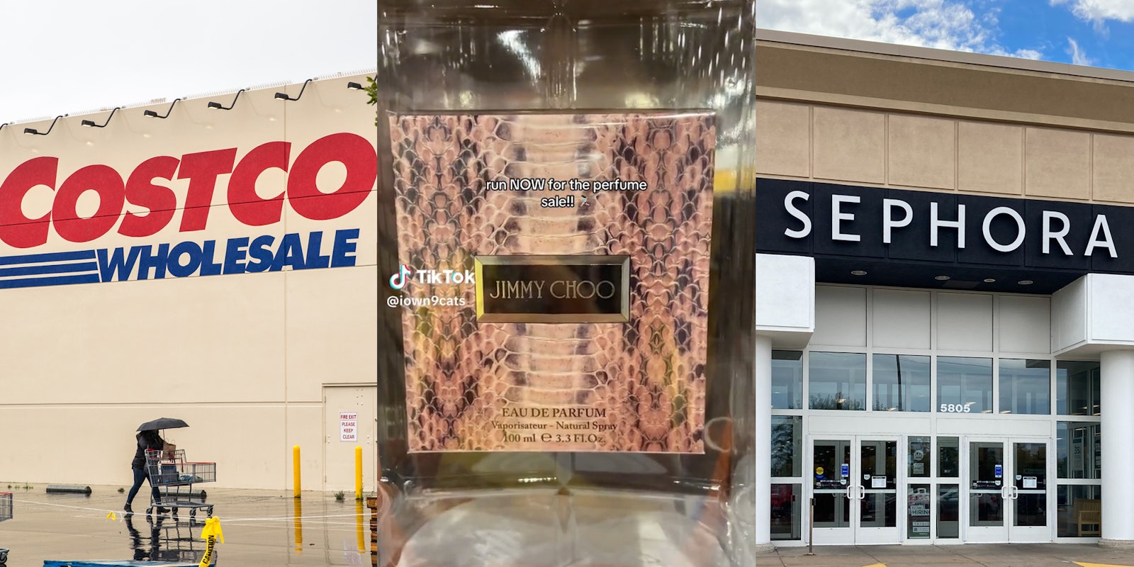 Costco storefront(l), Bottle of Jimmy Choo perfume(c), Sephora storefront(r)