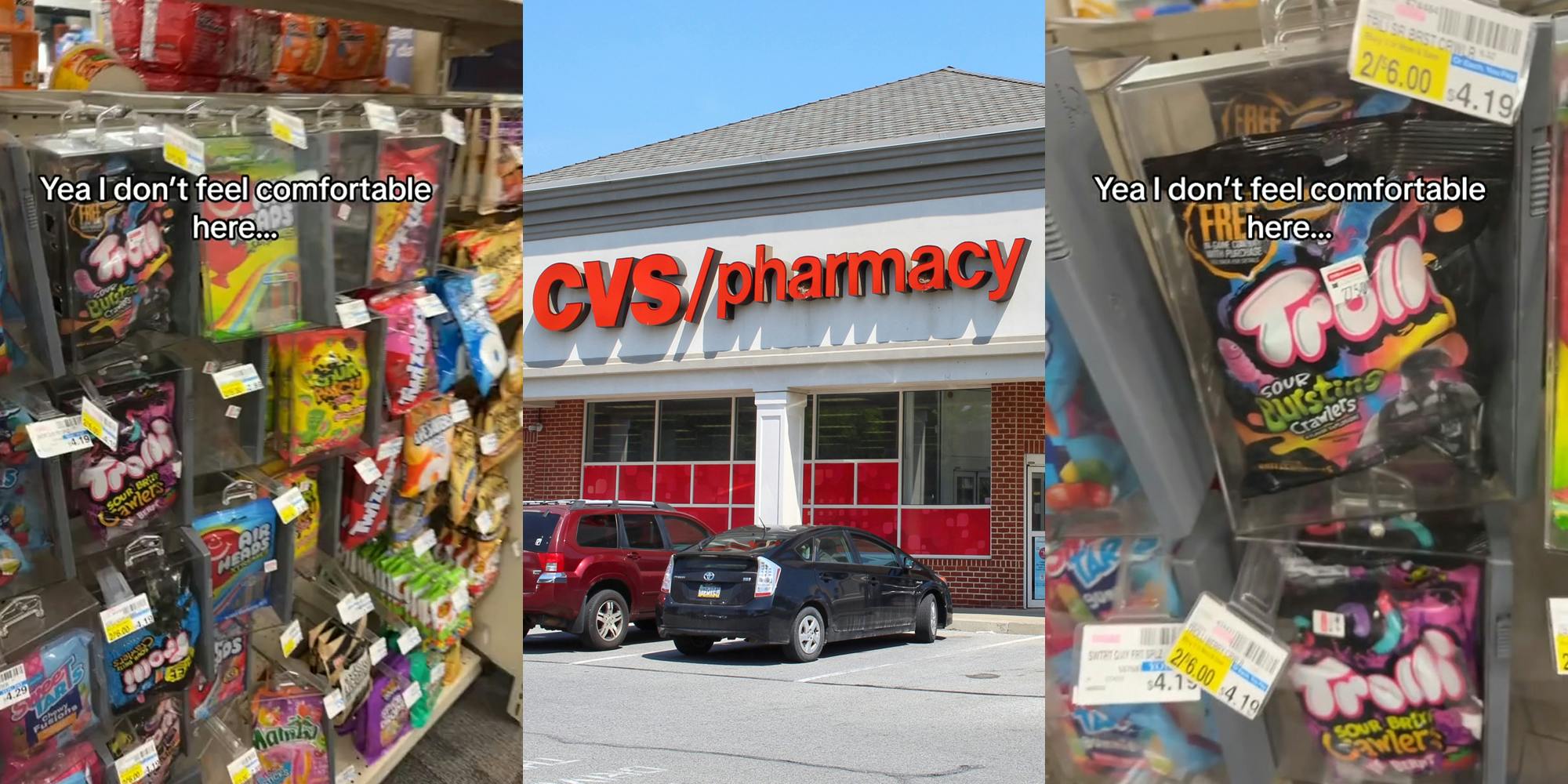 CVS candy aisle with items locked in clear containers with caption "Yea I don't feel comfortable here..." (l) CVS store with sign (c) CVS candy aisle with items locked in clear containers with caption "Yea I don't feel comfortable here..." (r)