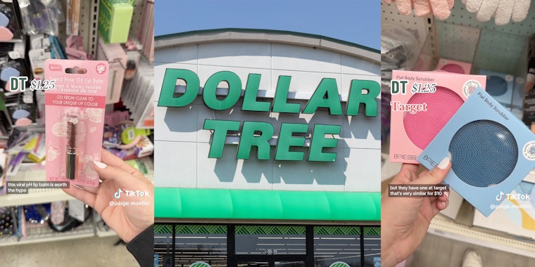 Hand holding up lip balm(r), Dollar Tree Store Front (c), Hand holding pink and blue flat body scrubbers(l)