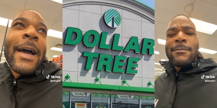 Man talking to camera(l+r), Dollar Tree storefront(c)