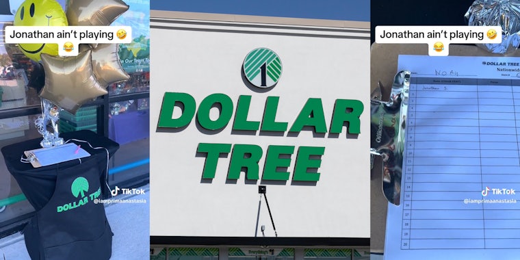Dollar Tree national hiring day stand (l) Dollar Tree sign (c) signup page on clipboard (r)
