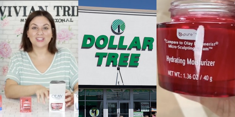Woman showing off beauty products(l), Dollar Tree storefront(c), Close up of a moisturizer(r)