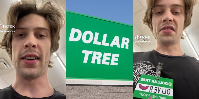 Guy speaking to camera(l), Dollar Tree sign(c), Same man showing off name tag(r)