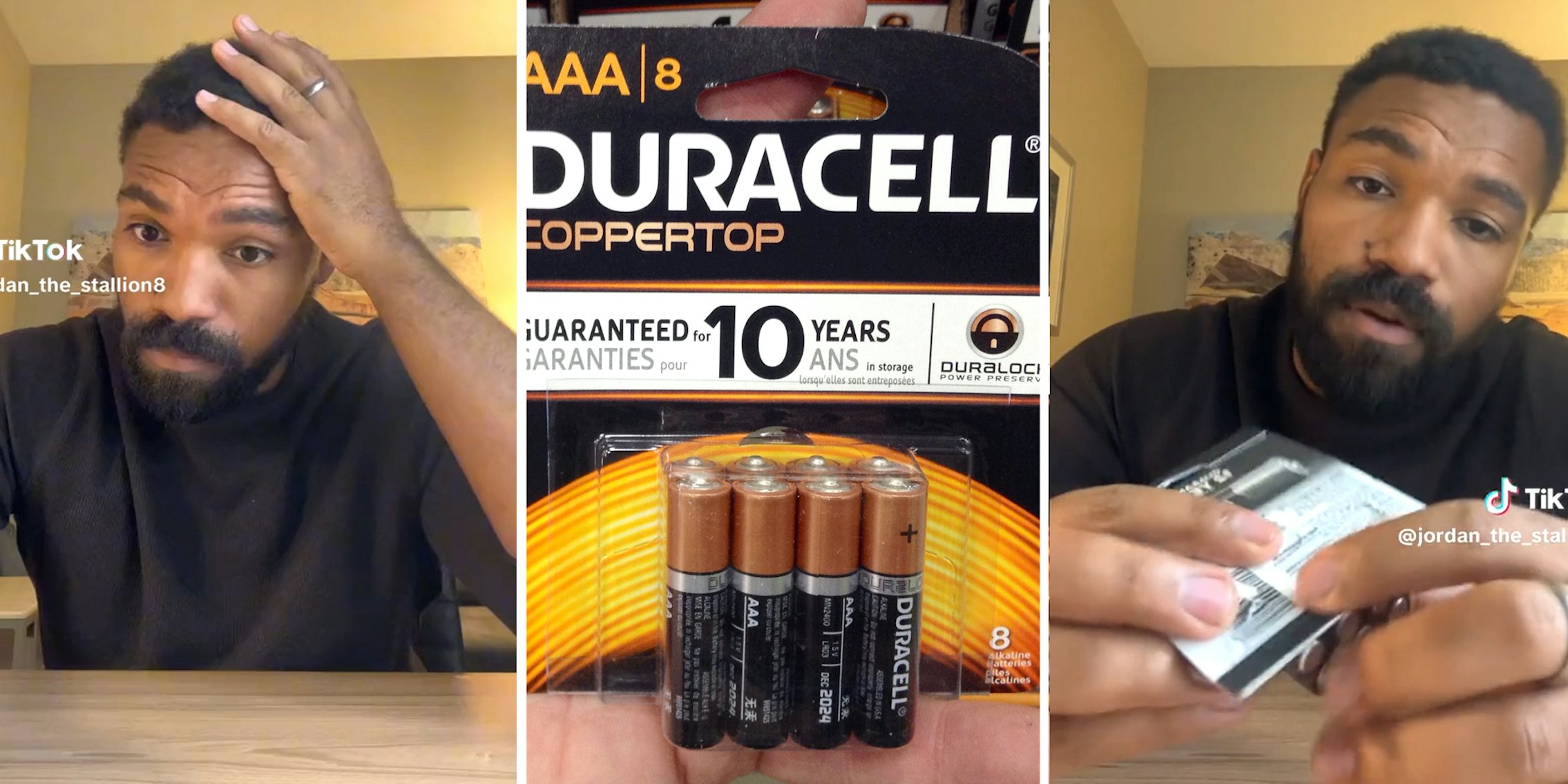 Man looking surprised(l), Duracell Batteries(c), Man holding Duracell box(r)