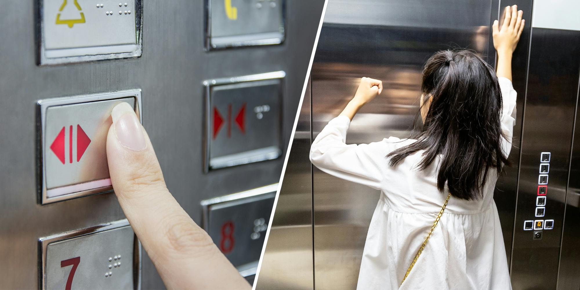 Finger pressing elevator button(l), Woman banging on elevator door(r)