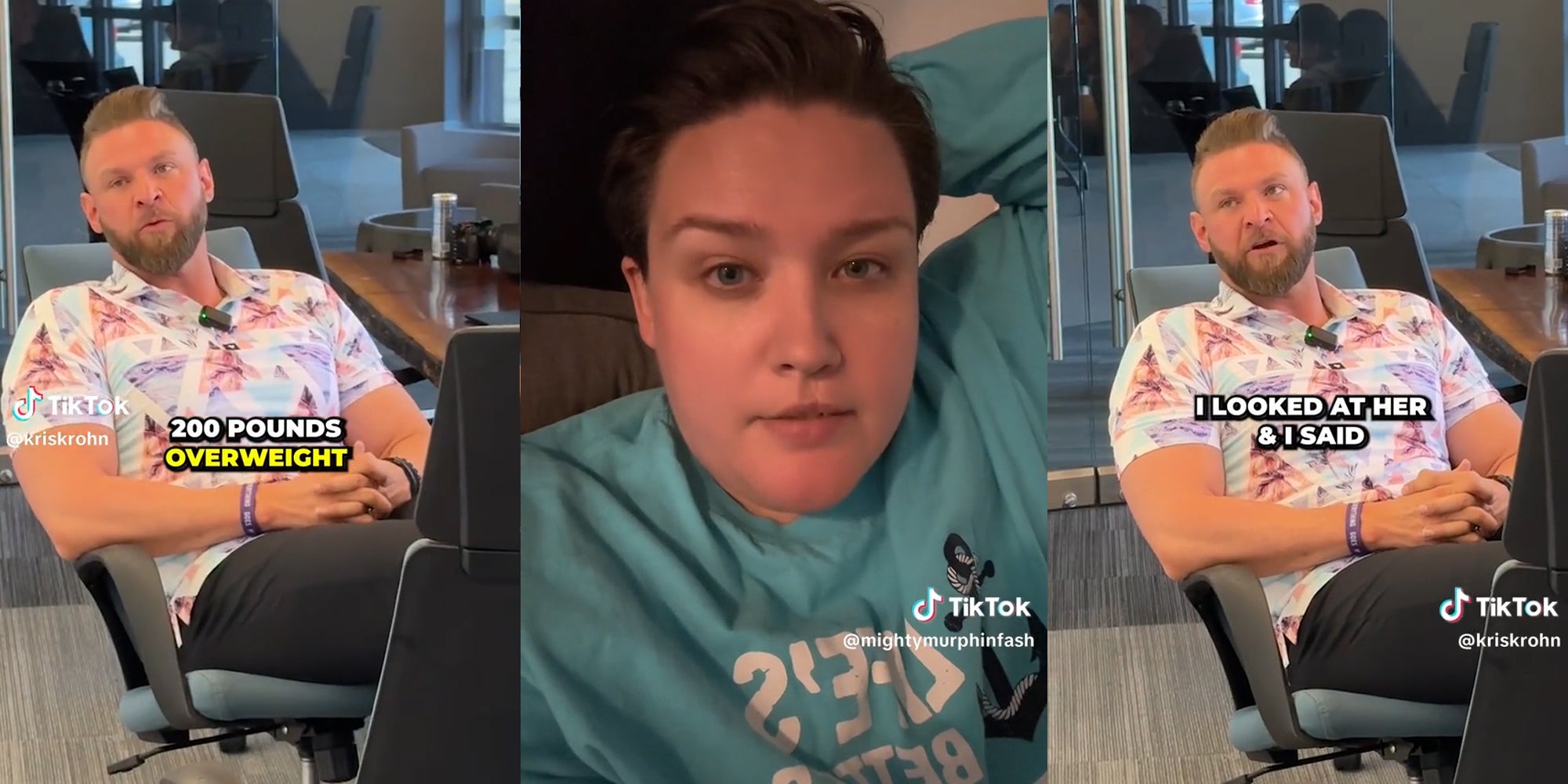 man in chair with caption '200 pounds overweight' (l) woman on couch (c) man in chair with caption 'i looked at here and i said' (r)