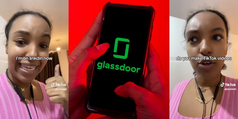 Woman talking to camera(l+r), Hands holding phone with glassdoor app(c)