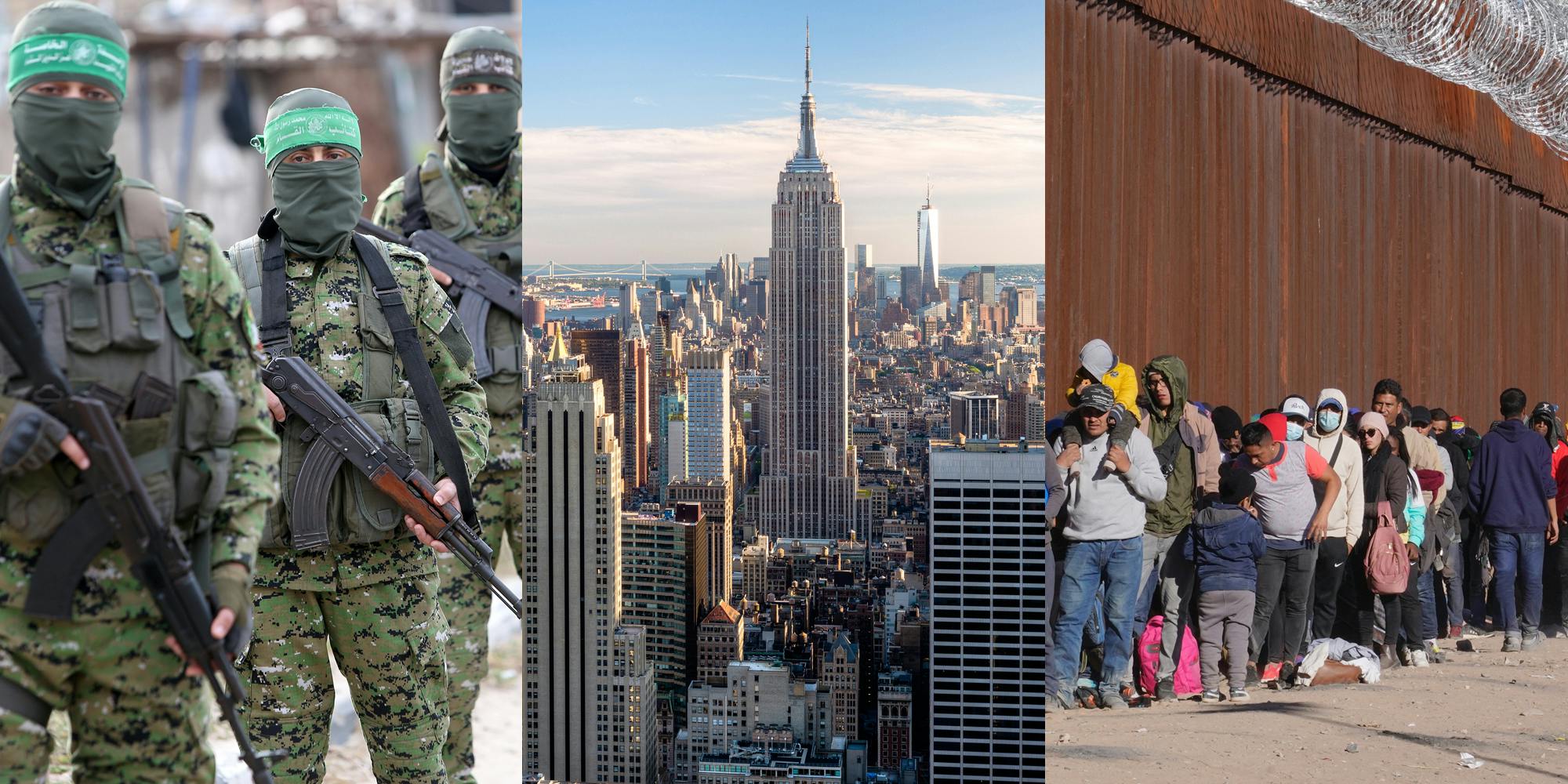 Members of Hamas(l), New York City Aerial(c), Migrants lined up(r)