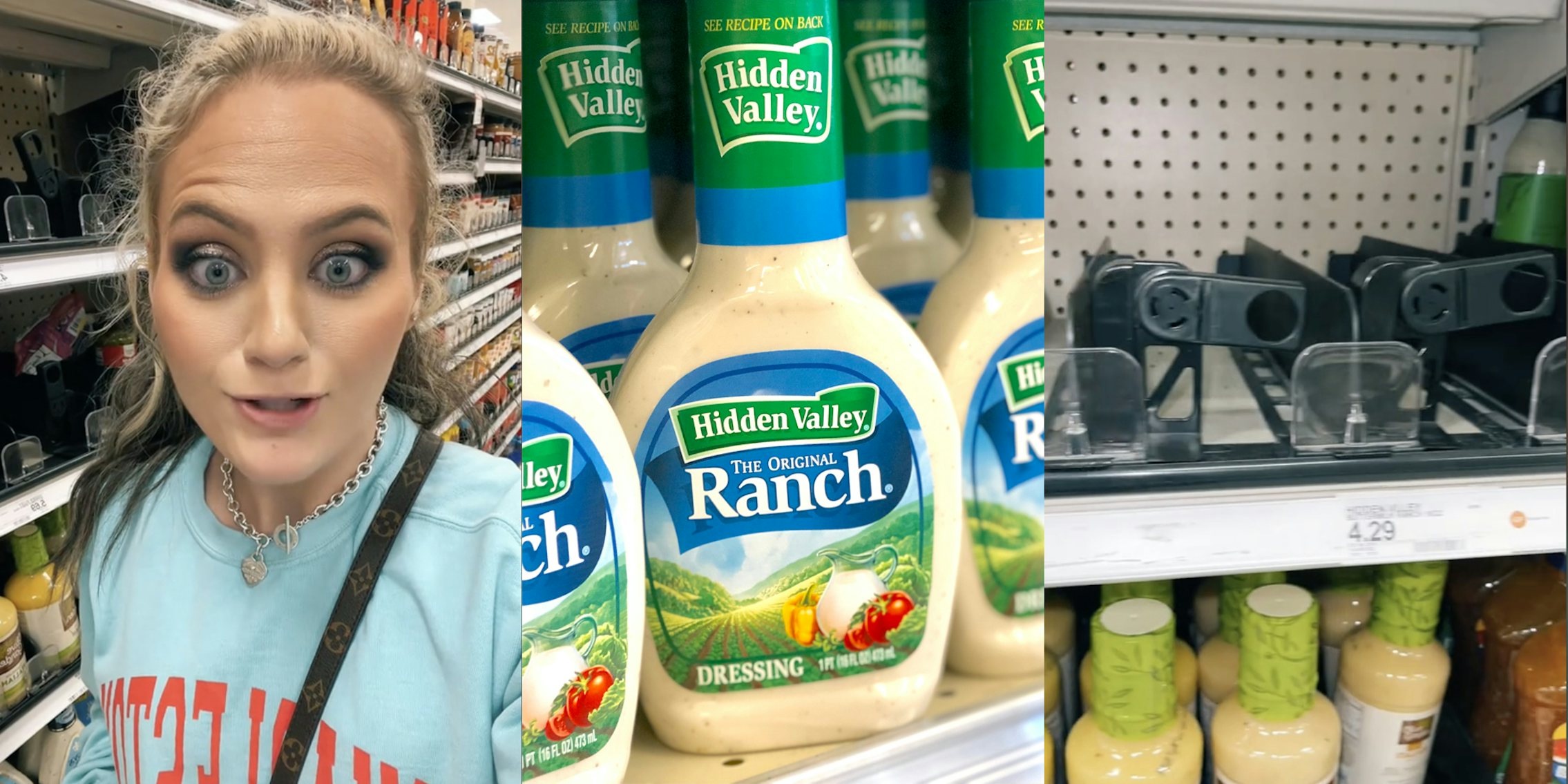 Woman looking shocked(l), Bottles of Hidden Valley Ranch on supermarket shelf(c),Empty shelves where Hidden Valley Ranch should be(r)