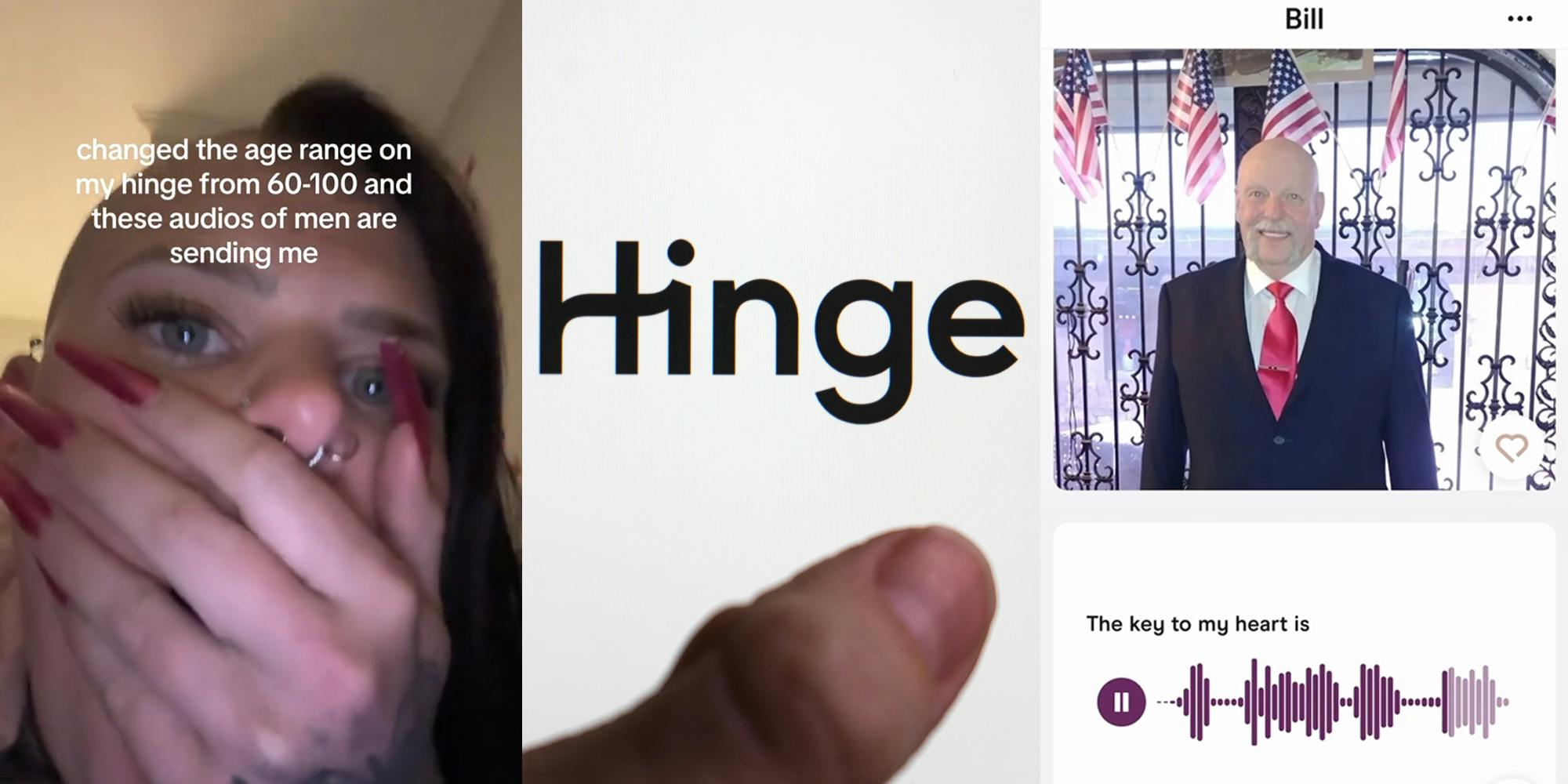 woman with caption "changed the age range on my hinge from 60-100 and these audios are sending me" (l) hand holding phone with Hinge on screen (c) Hinge dating profile with man's image and audio (r)