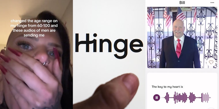 woman with caption 'changed the age range on my hinge from 60-100 and these audios are sending me' (l) hand holding phone with Hinge on screen (c) Hinge dating profile with man's image and audio (r)