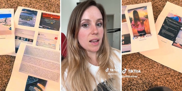 Print outs of emails and social media screengrabs(l+r), Woman talking to camera(c)