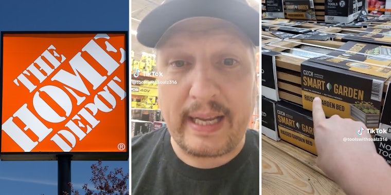 Home Depot sign(l), Man talking(c), Hand pointing to product(r)