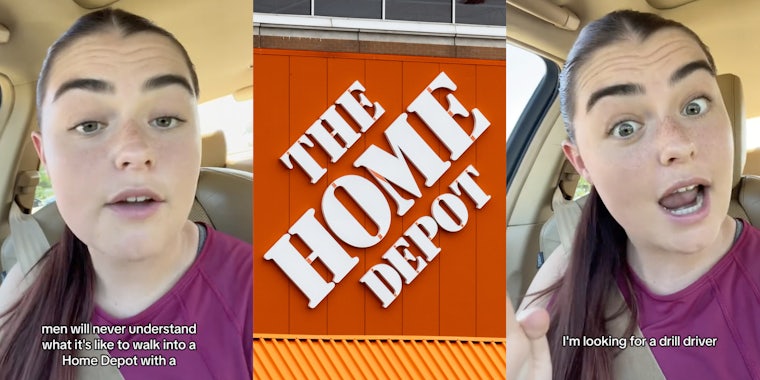 Woman talking to camera(l+r), The Home Depot sign(c)