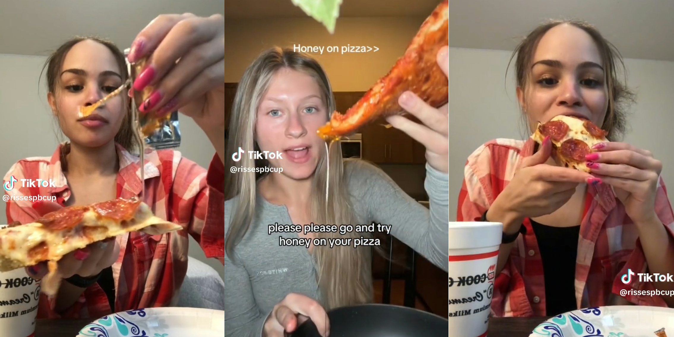 Woman putting honey on pizza(l), Different woman with honey on pizza(c), First woman eating pizza(r)