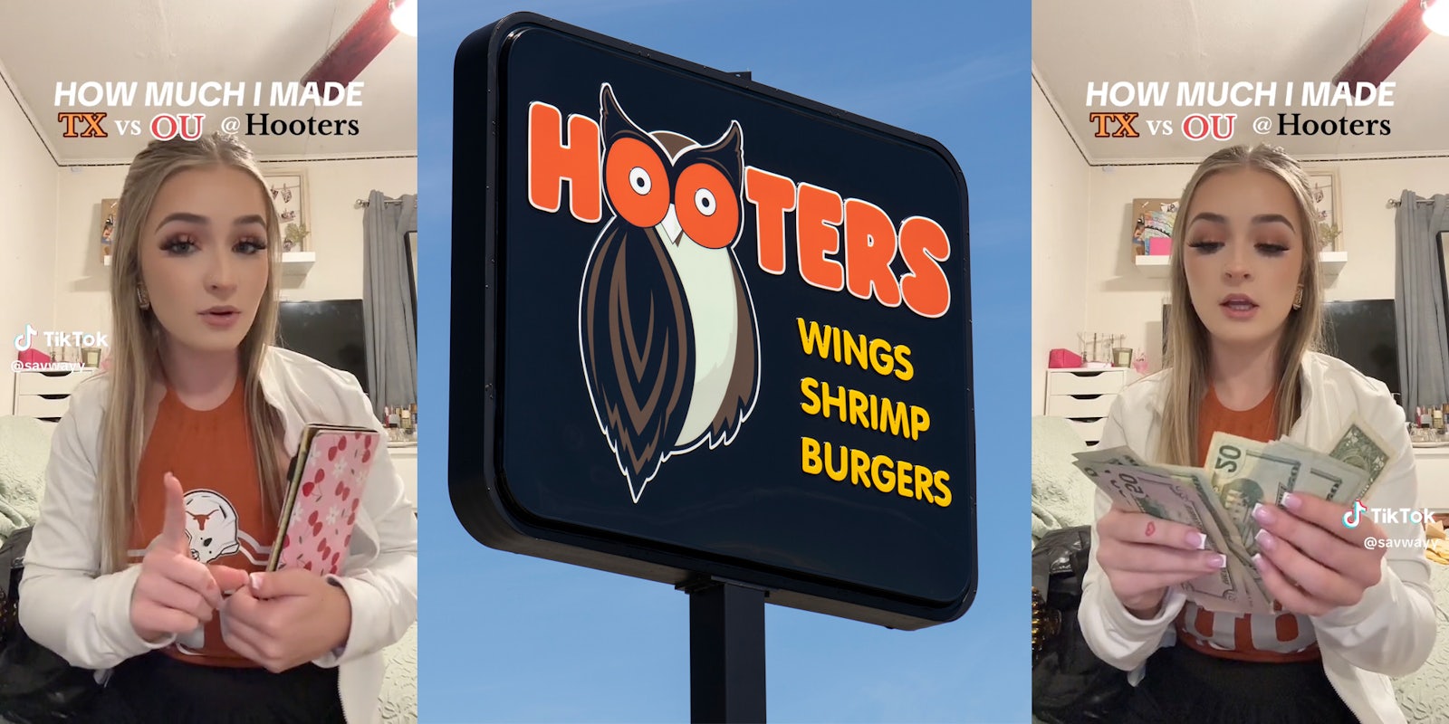 Woman speaking to the camera holding wallet(l), Hooters Sign(c), Same woman counting money(r)