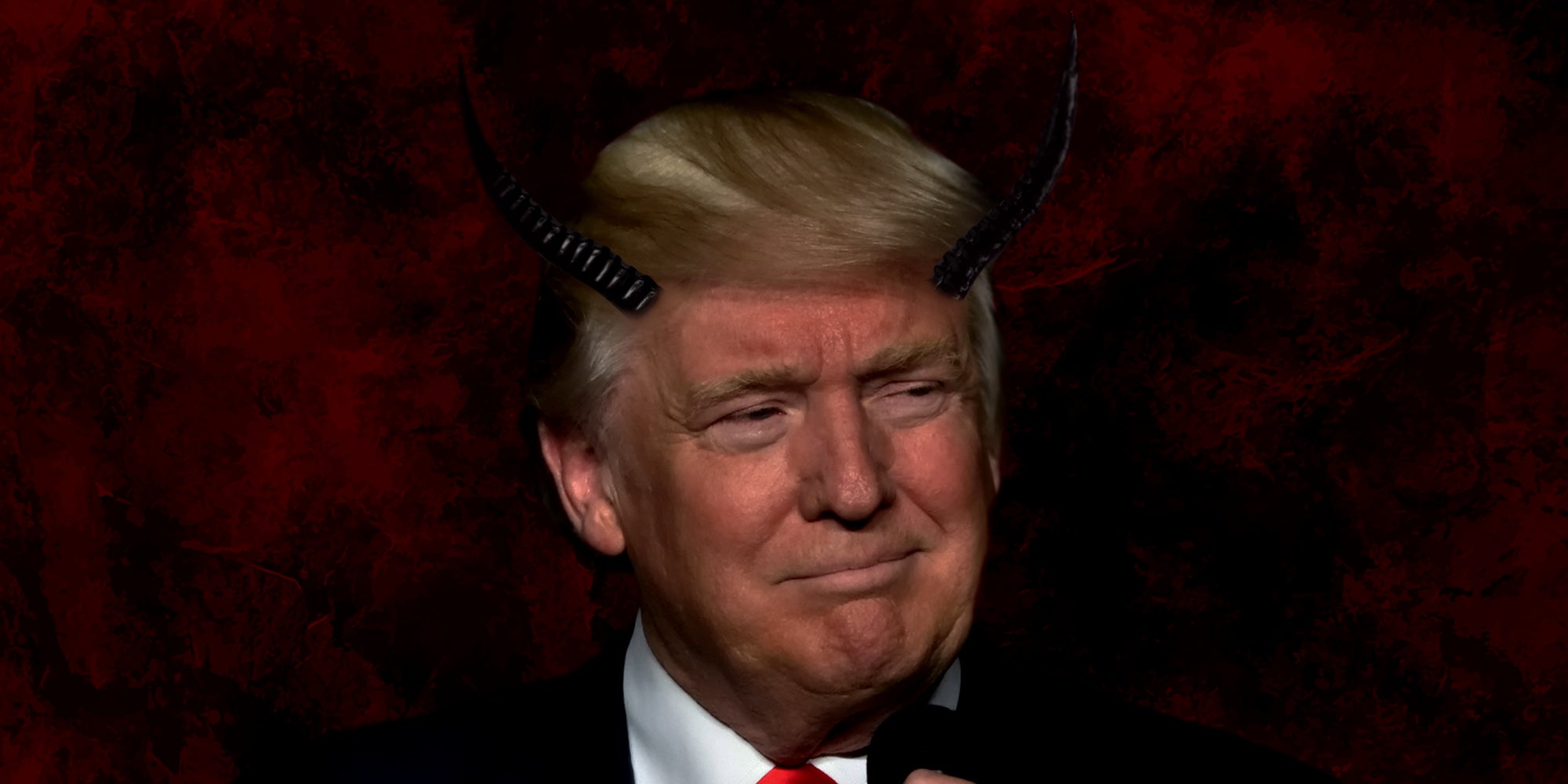 horned Donald Trump in front of red and black background