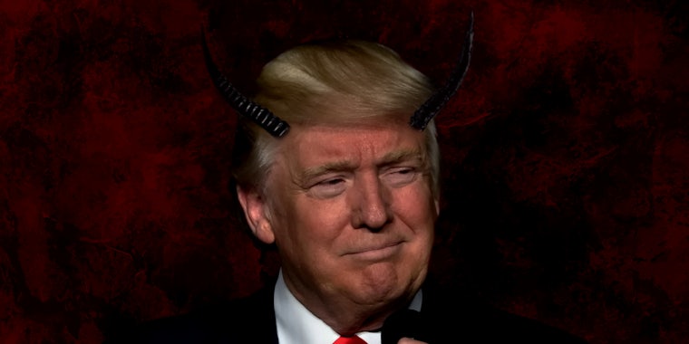 horned Donald Trump in front of red and black background