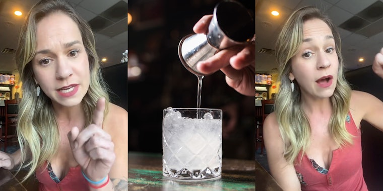 bartender speaking (l) bartender pouring vodka into glass with ice (c) bartender speaking (r)