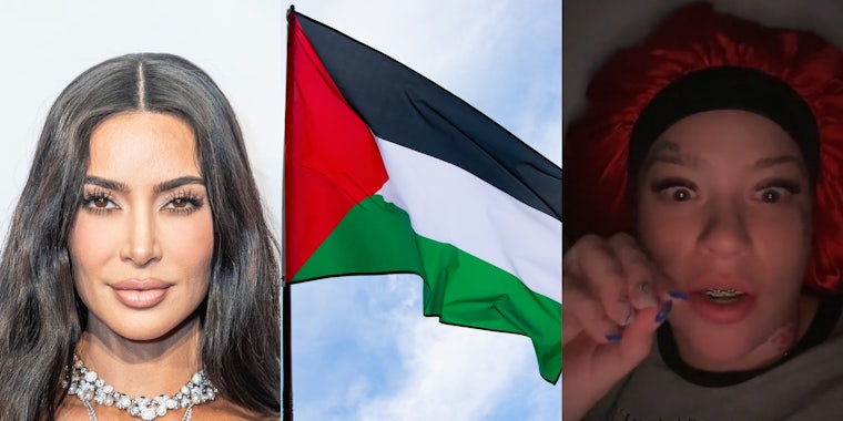 Kim Kardashian in front of white background (l) Palestinian flag in front of blue sky (c) woman speaking (r)