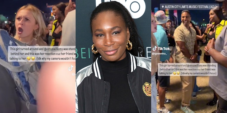 Woman excited about seeing Venus Williams at music festival(r+l), Venus Williams smiling (c)