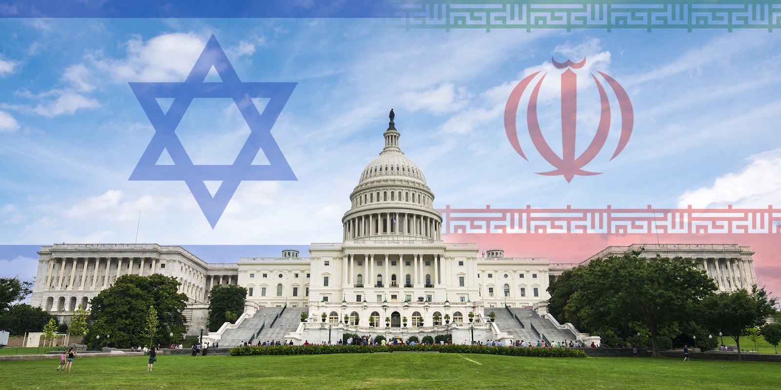 Washington DC, US Capitol building with Israel and Iran flags in background referencing government conspiracy