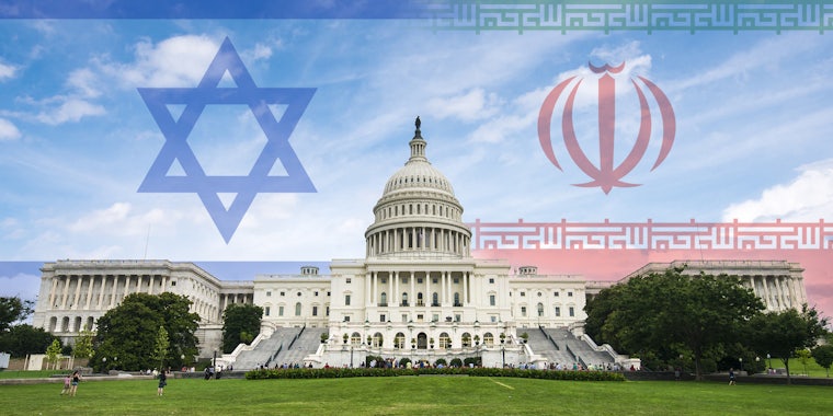 Washington DC, US Capitol building with Israel and Iran flags in background referencing government conspiracy