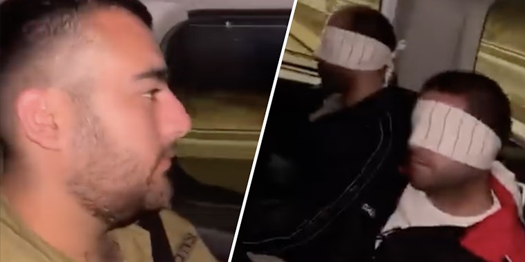 Man driving car(l), Men blindfolded(r)