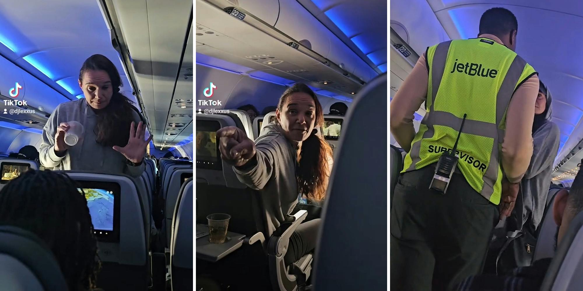 woman with empty cup and hands up (l) woman pointing on airplane (c) jetblue supervisor escorting woman from plane (r)