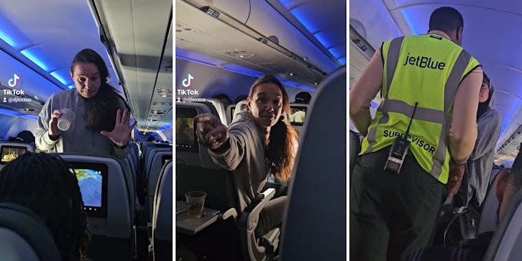 woman with empty cup and hands up (l) woman pointing on airplane (c) jetblue supervisor escorting woman from plane (r)