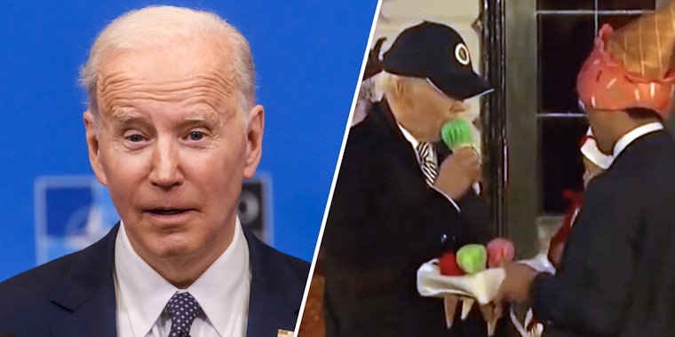 Joe Biden(l), Joe Biden eating fake ice cream cone(r)