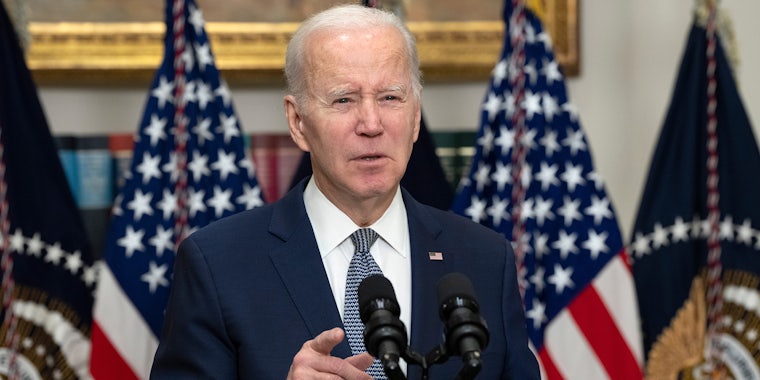 Joe Biden in front of microphones