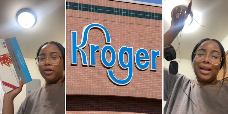 young woman holding box of crab legs (l) Kroger sign (c) young woman holding security tags (r)