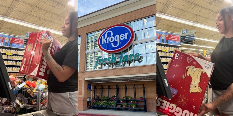 Kroger shopper holding Kool Aid packet up to Huggies barcode at self checkout (l) Kroger building with sign (c) Kroger shopper scanning Kool Aid barcode instead of Huggies at self checkout (r)