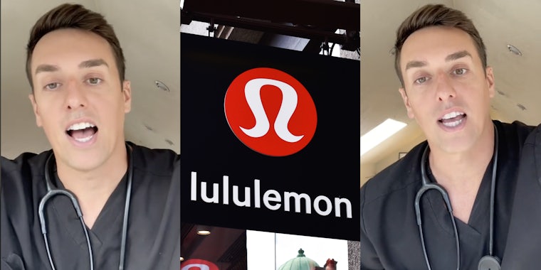 Man talking to camera(l+r), Lululemon storefront sign(c)