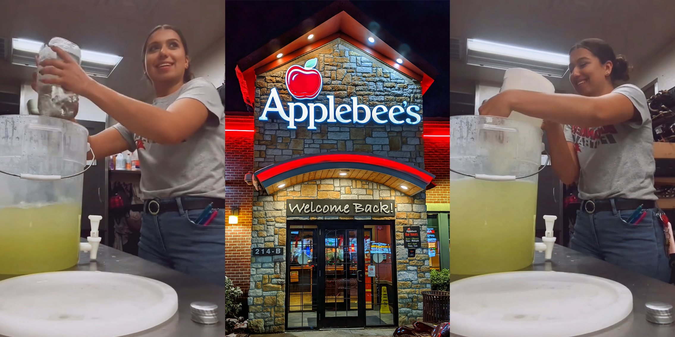 Applebee's worker pouring alcohol into large jug (l) Applebee's building entrance with sign at night (c) Applebee's worker dumping jug into larger jug (r)