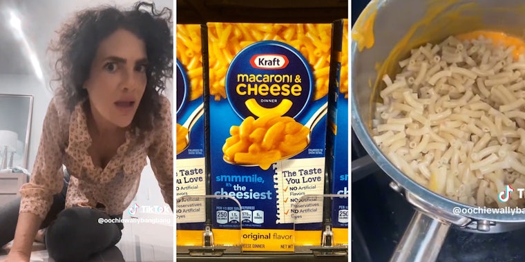 Woman looking surprised(l), Box of macaroni and cheese(c), Noodles in pot(r)